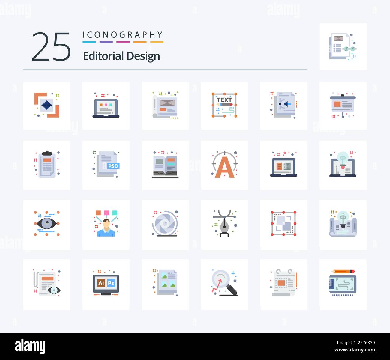 Editorial Design 25 Flat Color icon pack including write. document. art. creative. file Stock Vector