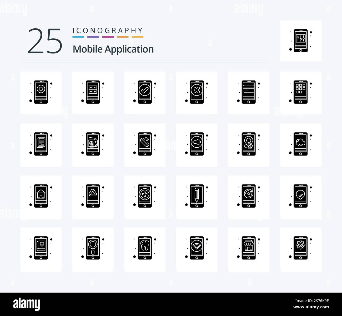 Mobile Application 25 Solid Glyph icon pack including card. app. app. delete. close Stock Vector