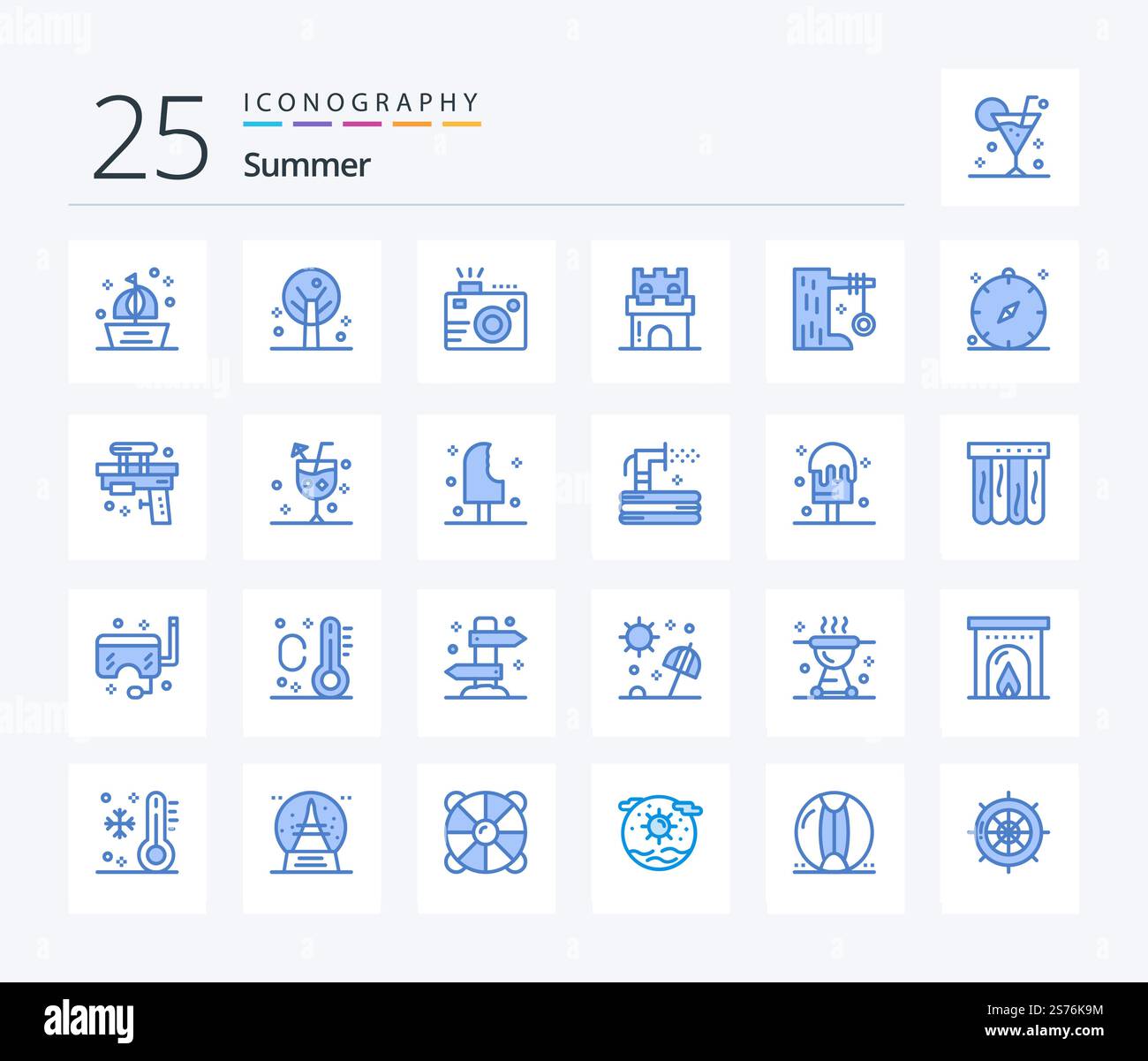Summer 25 Blue Color icon pack including sandcastle. holiday. camera ...