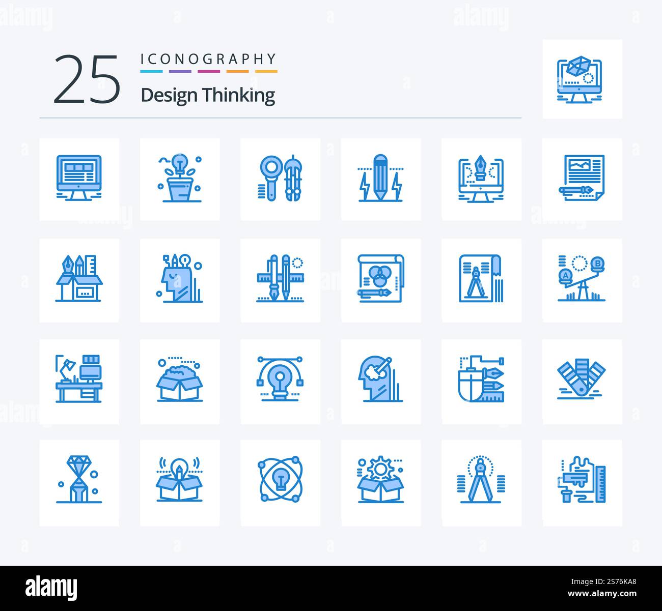 Design Thinking 25 Blue Color icon pack including drawing. light. geometry. compass Stock Vector