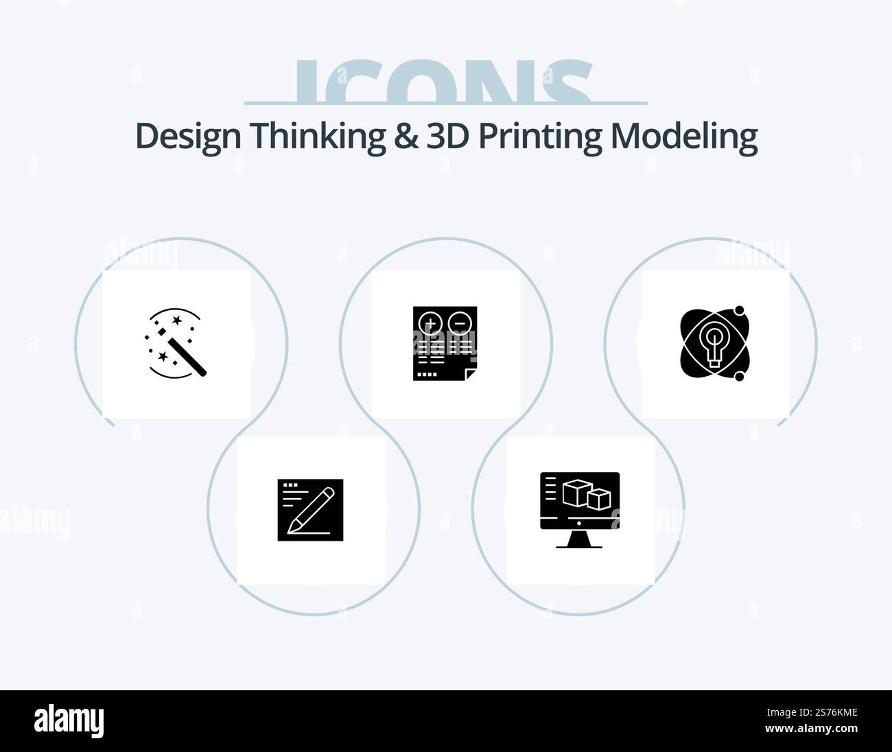 Design Thinking And D Printing Modeling Glyph Icon Pack 5 Icon Design. atom. plus. tricks. document. pros Stock Vector