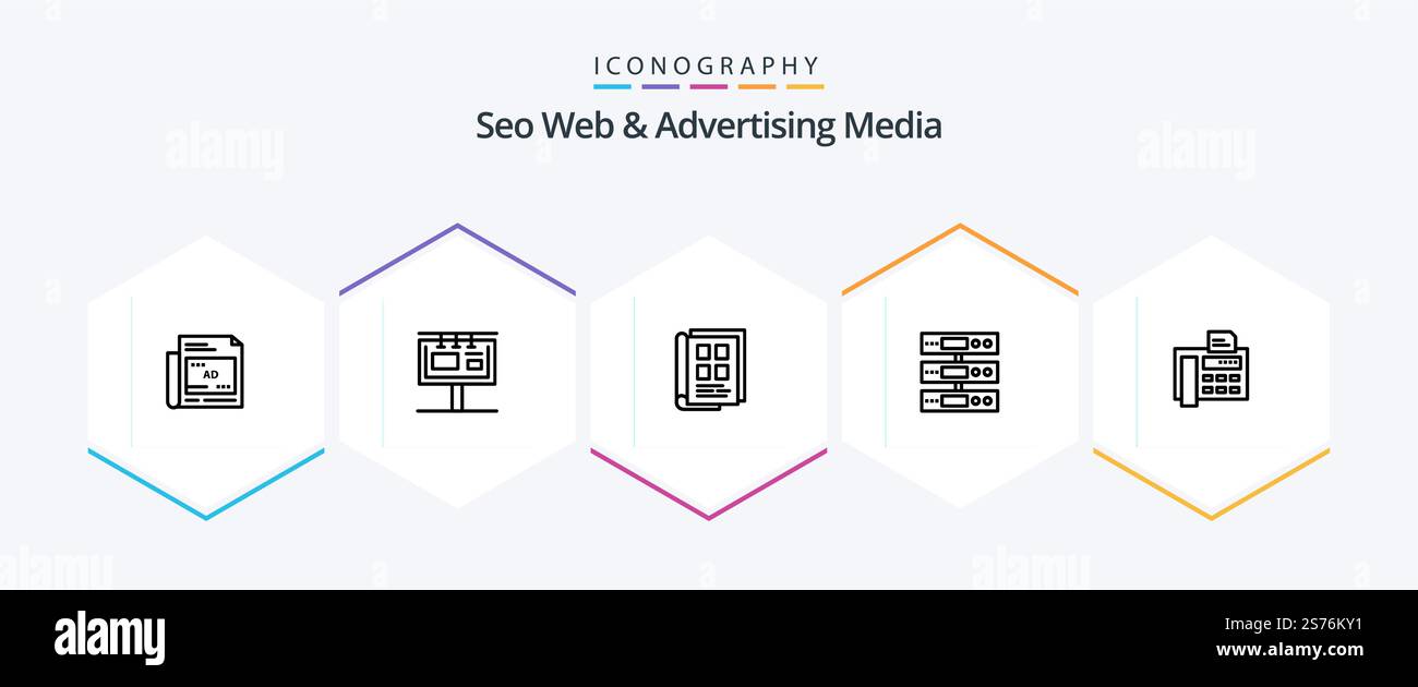 Seo Web And Advertising Media 25 Line icon pack including cloud. data. branding. server. notebook Stock Vector