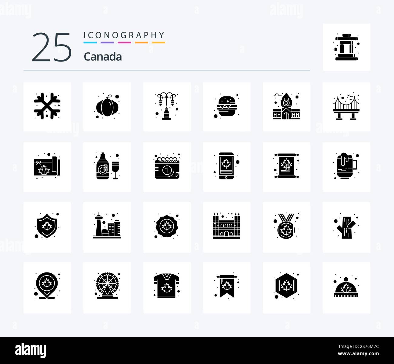 Canada 25 Solid Glyph icon pack including canada. illumination. food. burger Stock Vector