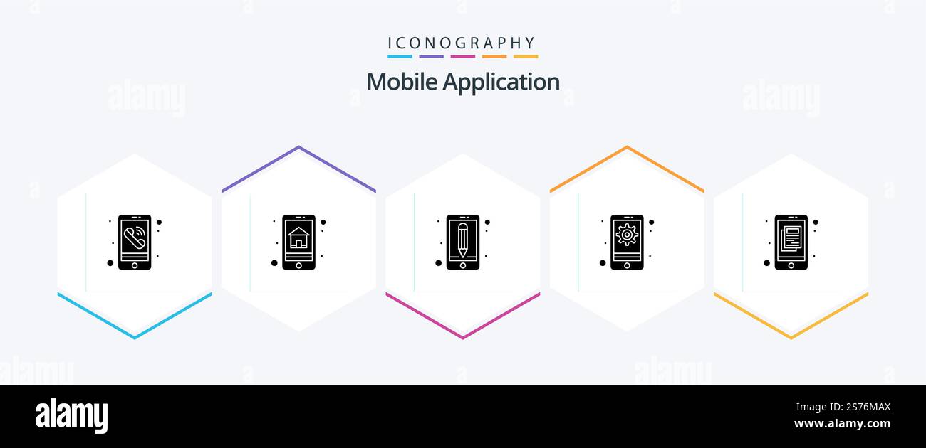 Mobile Application 25 Glyph icon pack including infomation. device. app. setting. gear Stock Vector