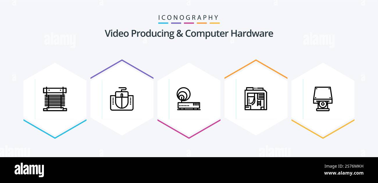 Video Producing And Computer Hardware 25 Line icon pack including dvd. case. computer. box. network Stock Vector