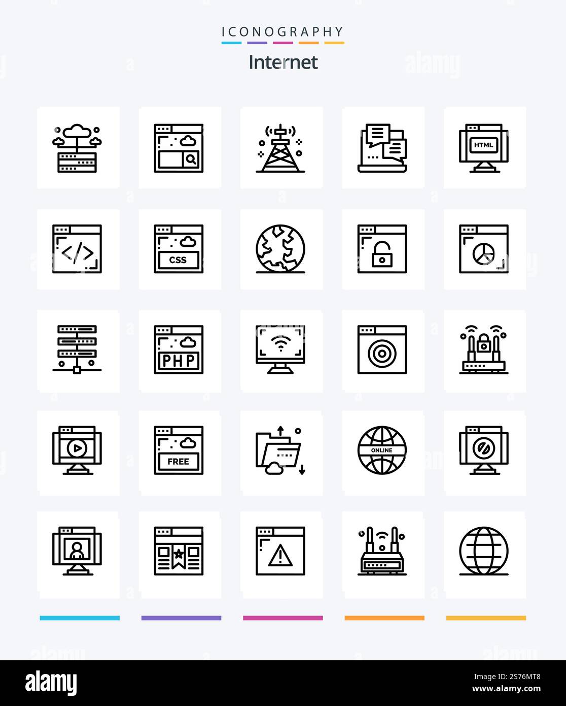 Creative Internet 25 OutLine icon pack  Such As find. web. network. script. development Stock Vector