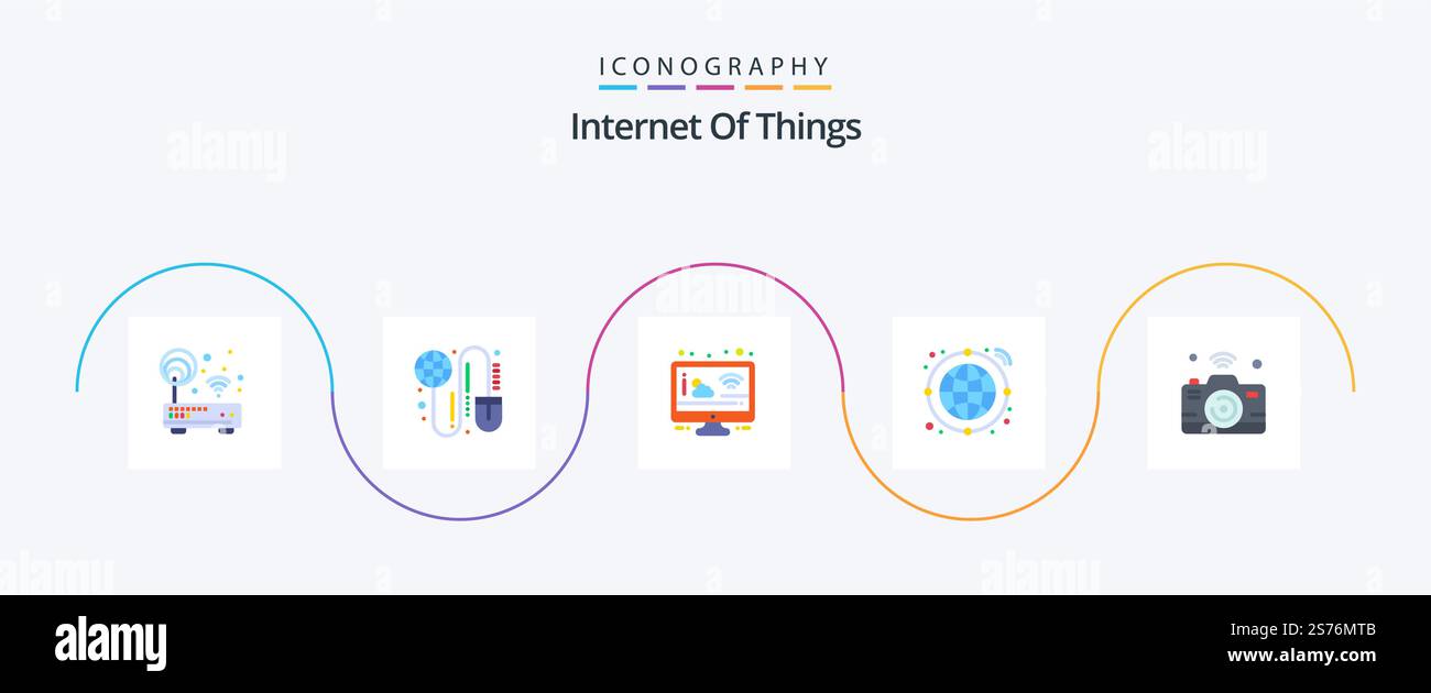 Internet Of Things Flat 5 Icon Pack Including camera. internet. mouse. globe. screen Stock Vector