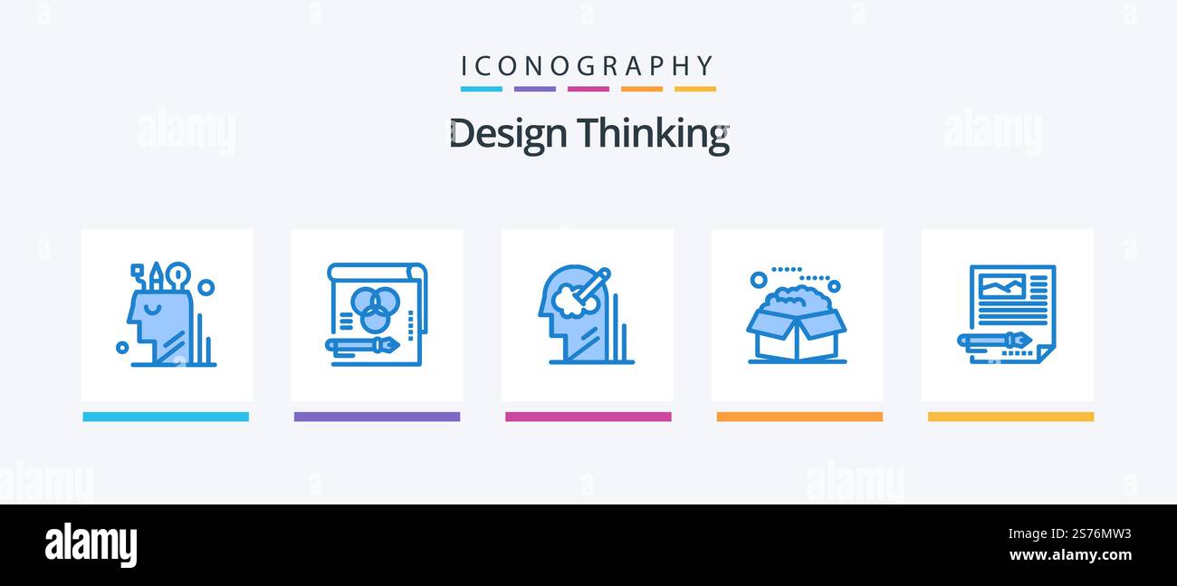 Design Thinking Blue 5 Icon Pack Including product. box. pen. solution. user. Creative Icons Design Stock Vector