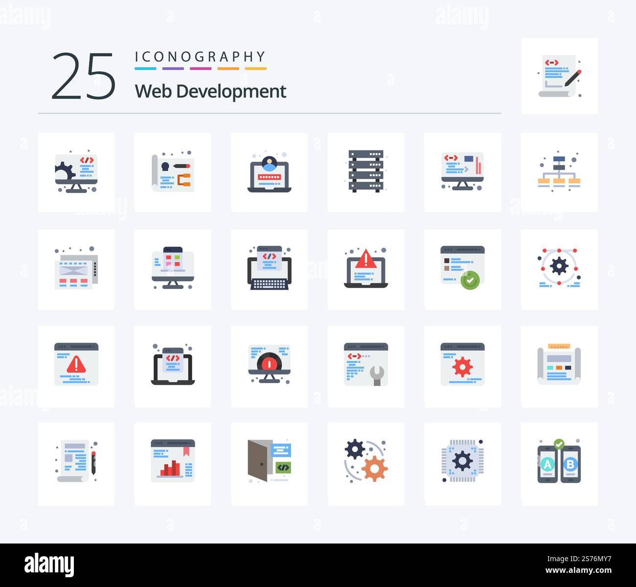 Web Development 25 Flat Color icon pack including management. data. web. web. server Stock Vector