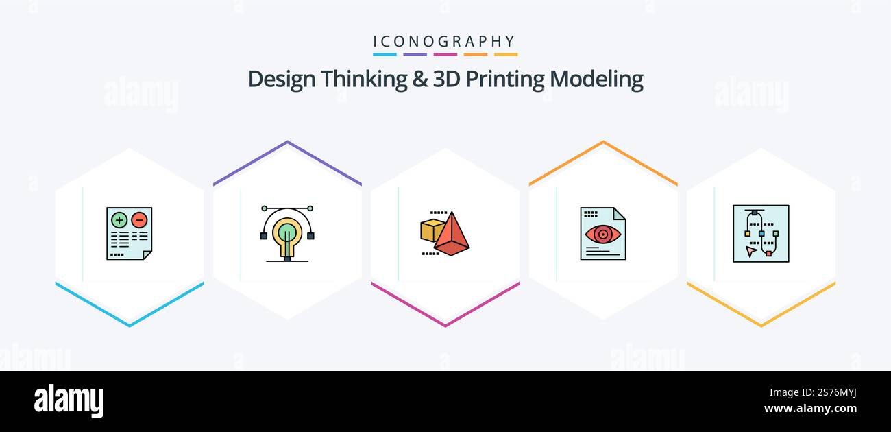 Design Thinking And D Printing Modeling 25 FilledLine icon pack including screen . computing. educat. eye . file Stock Vector
