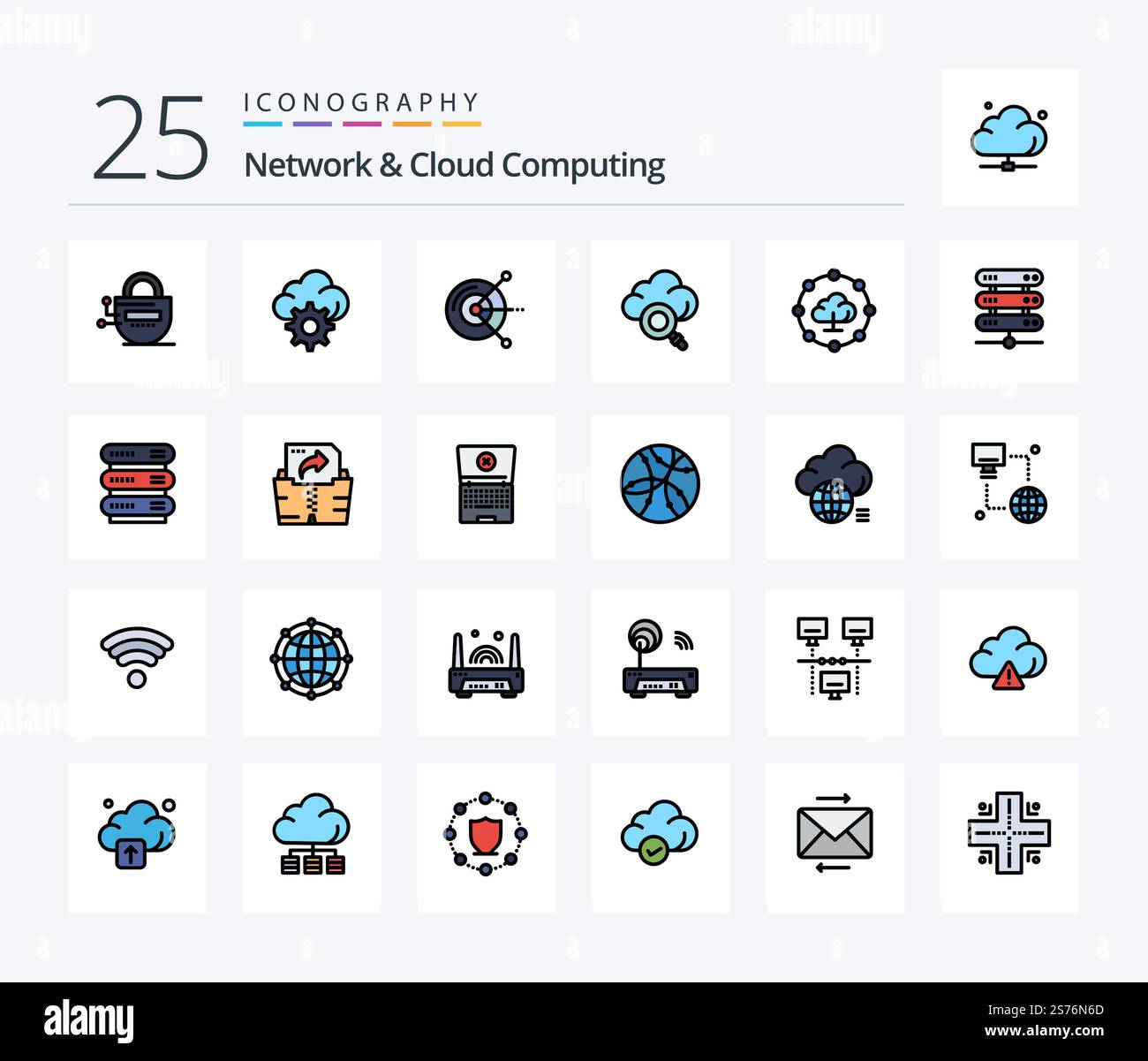 Network And Cloud Computing 25 Line Filled icon pack including computing. network. computing. cloud computing. research Stock Vector