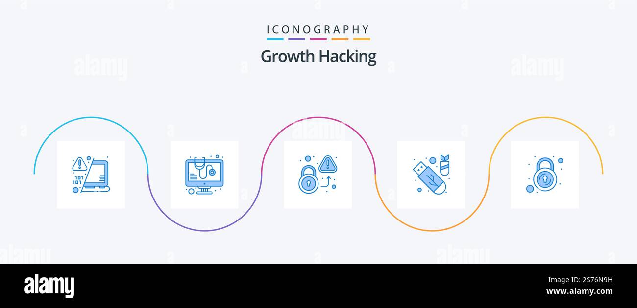 Hacking Blue 5 Icon Pack Including closed. bomb. lock. attack. virus Stock Vector