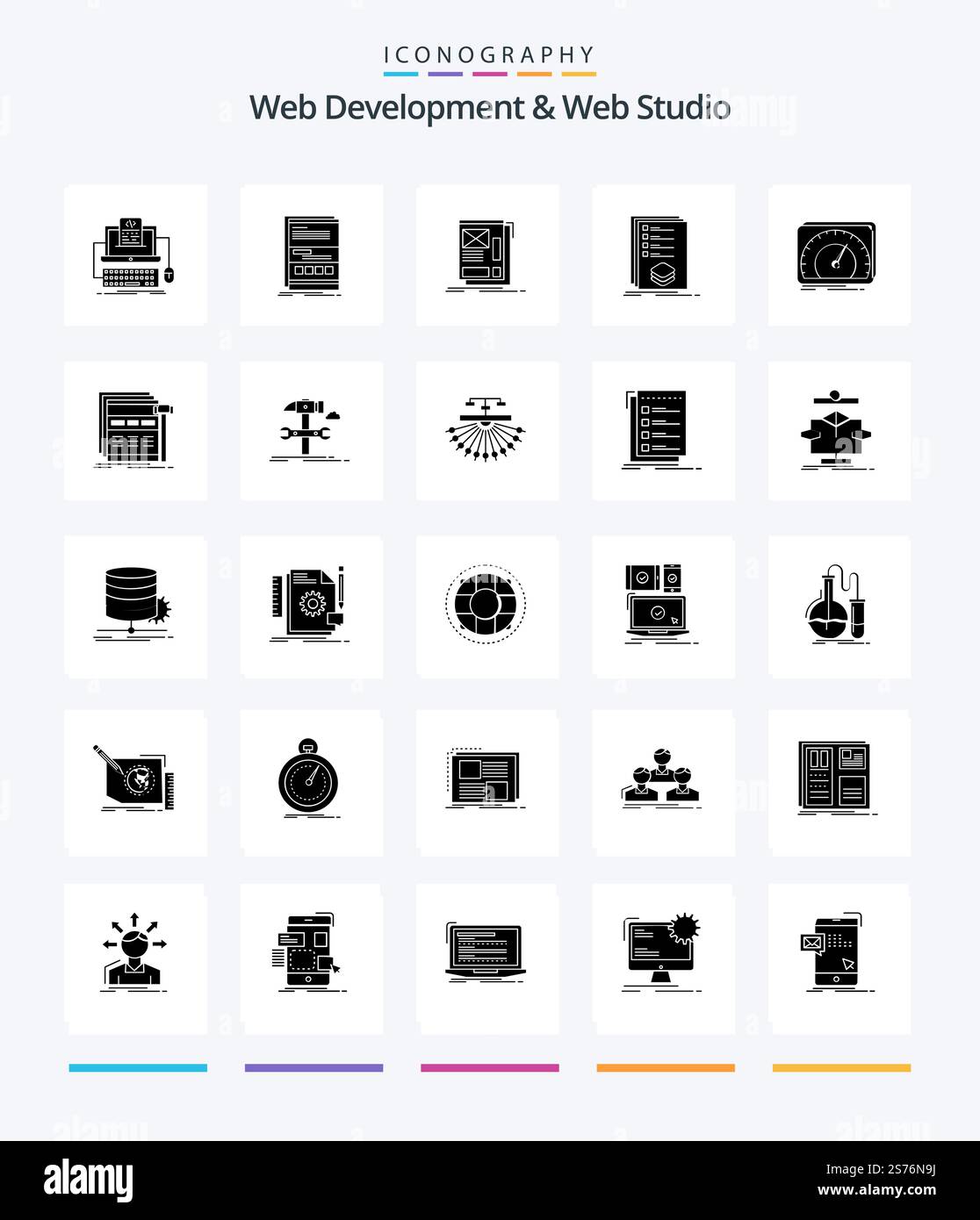 Creative Web Development And Web Studio 25 Glyph Solid Black icon pack  Such As list. categories. page. development. web Stock Vector