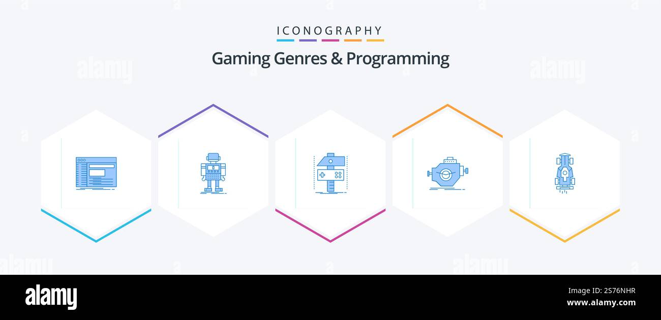 Gaming Genres And Programming 25 Blue icon pack including industry. game. robot. developer. craft Stock Vector