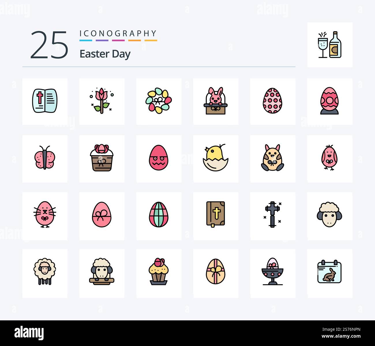 Easter 25 Line Filled icon pack including butterfly. egg. bascket. easter egg. decoration Stock Vector