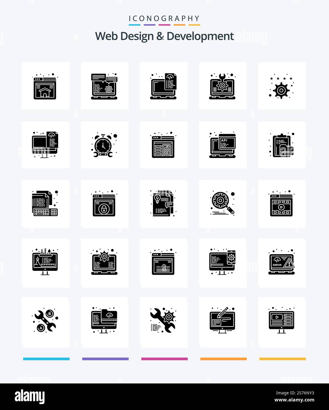 Creative Web Design And Development 25 Glyph Solid Black icon pack  Such As laptop. idea. device. design. coding Stock Vector