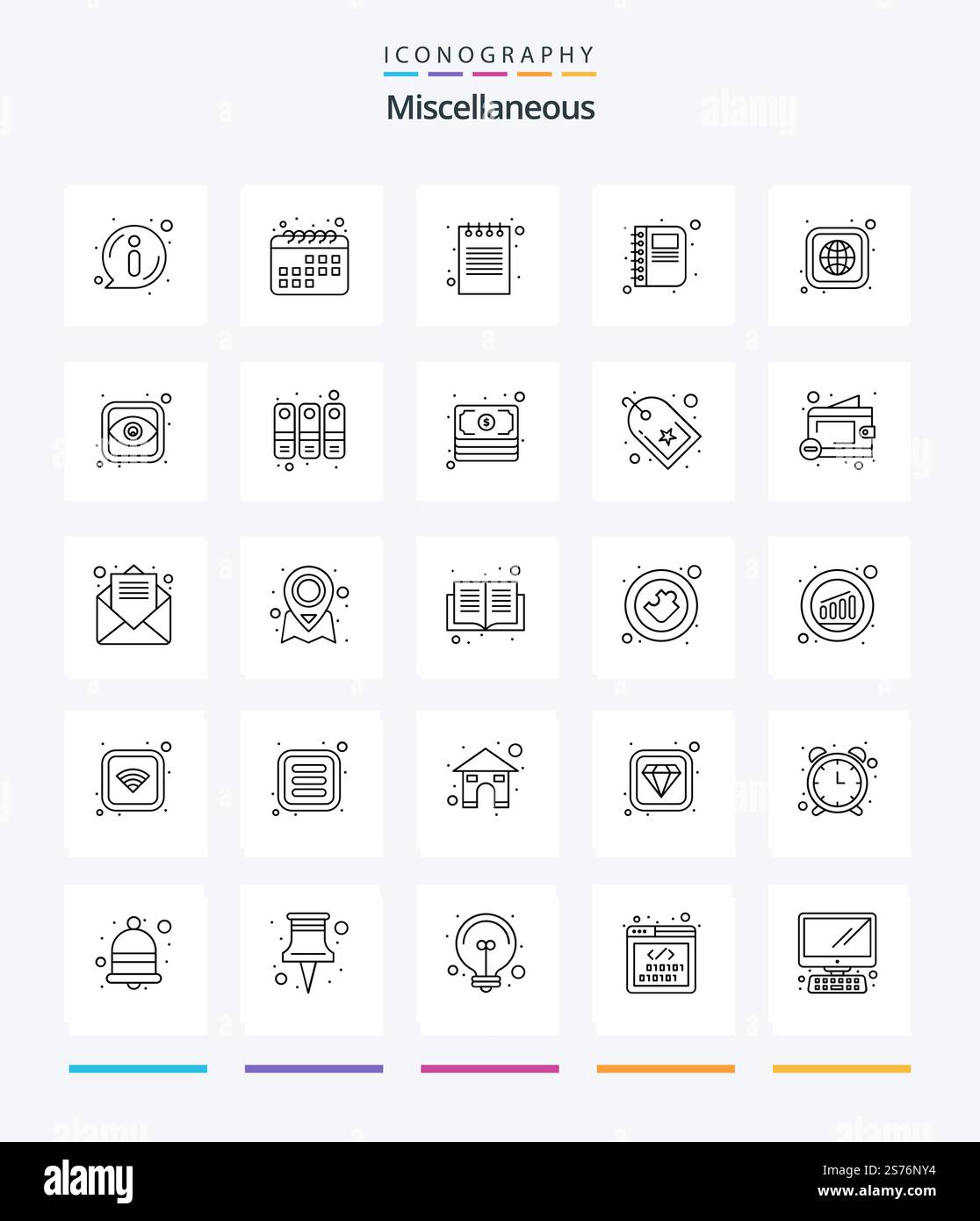 Creative Miscellaneous 25 OutLine icon pack  Such As globe. notepad. book. diary. contact Stock Vector