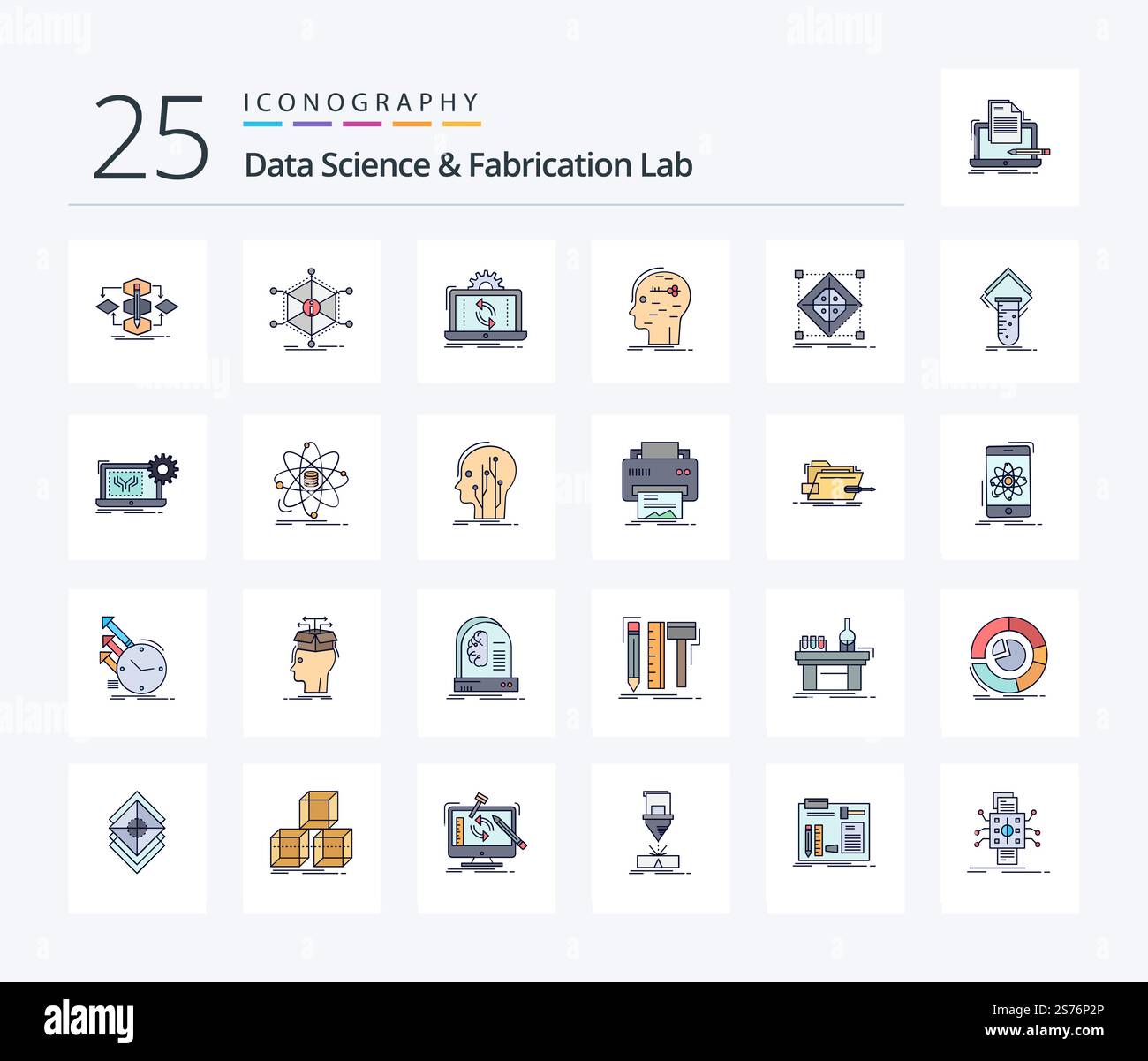 Data Science And Fabrication Lab 25 Line Filled icon pack including hacking. brain. information. sync. analysis Stock Vector