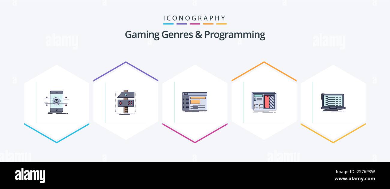 Gaming Genres And Programming 25 FilledLine icon pack including design. developer. software. panel Stock Vector