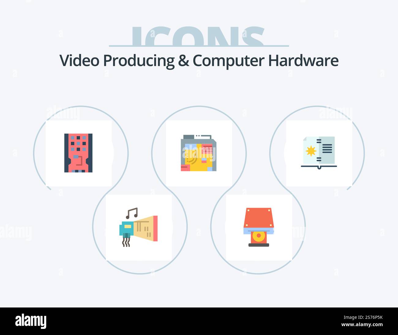Video Producing And Computer Hardware Flat Icon Pack 5 Icon Design. computer. box. disk rom. atx. solid Stock Vector