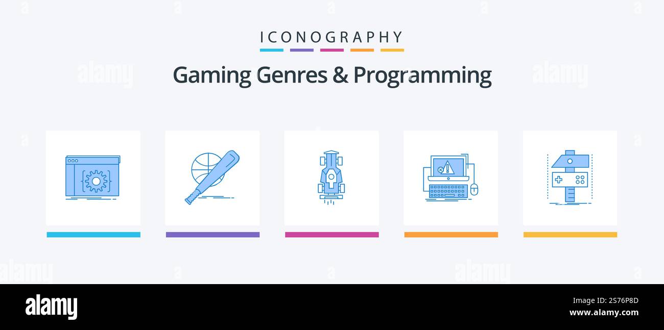 Gaming Genres And Programming Blue 5 Icon Pack Including error. computer. game. speed. game. Creative Icons Design Stock Vector