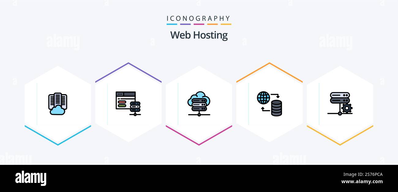Web Hosting 25 FilledLine icon pack including server. database. database. web. world Stock Vector