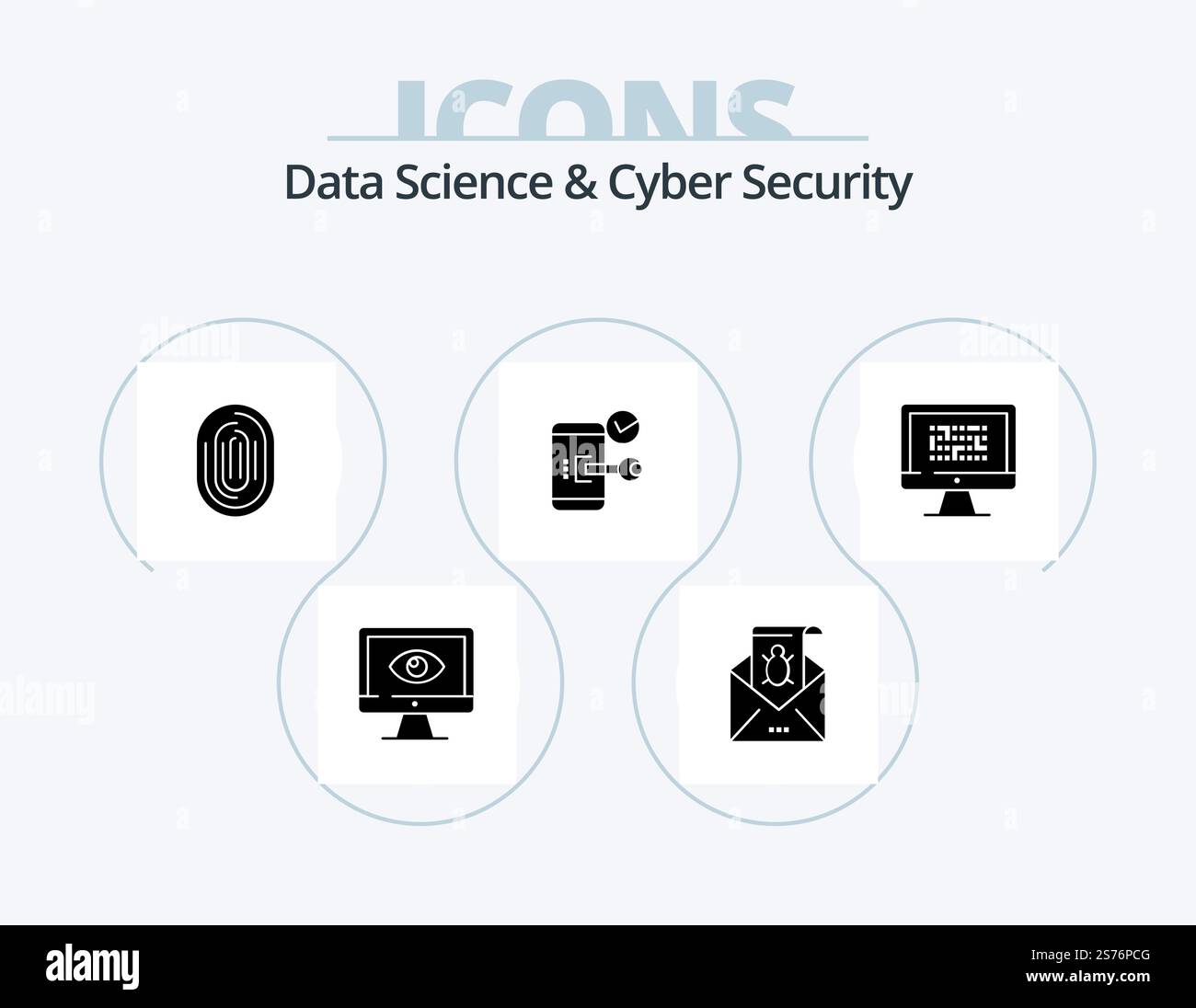 Data Science And Cyber Security Glyph Icon Pack 5 Icon Design. scanner. recognition. email. identity. virus Stock Vector