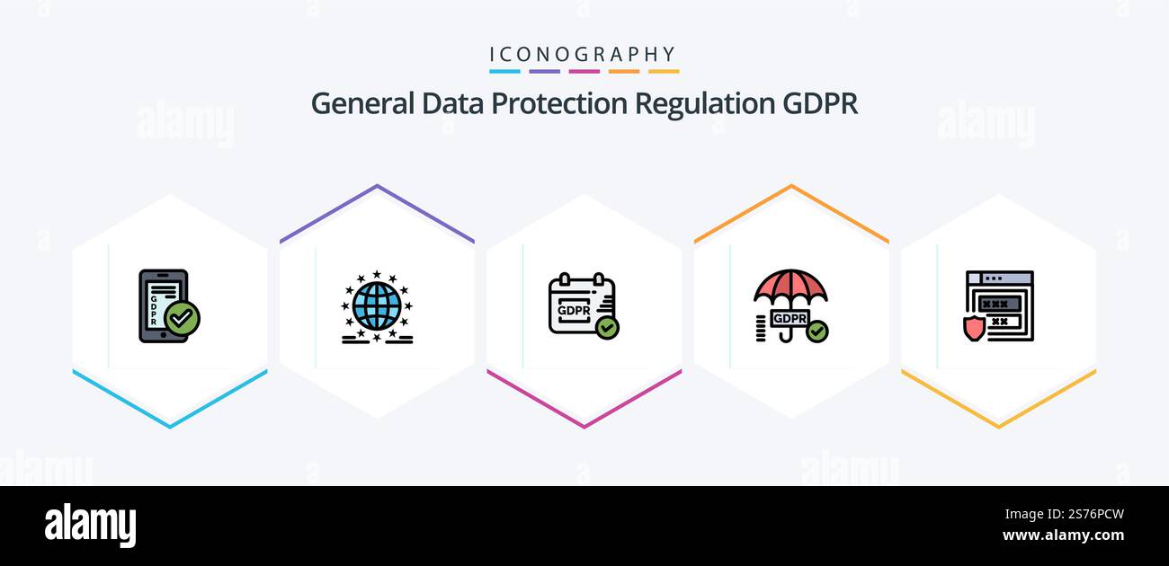 Gdpr 25 FilledLine icon pack including gdpr. tick. network. security. calendar Stock Vector