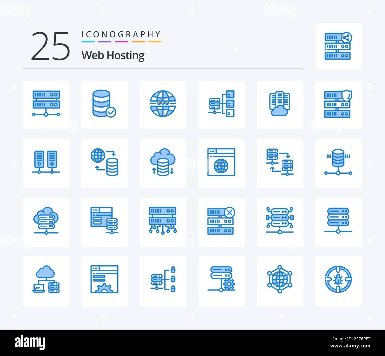 Web Hosting 25 Blue Color icon pack including data. cloud. security. social. server Stock Vector