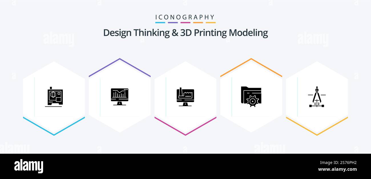 Design Thinking And D Printing Modeling 25 Glyph icon pack including education. compass. building. computing. setting Stock Vector