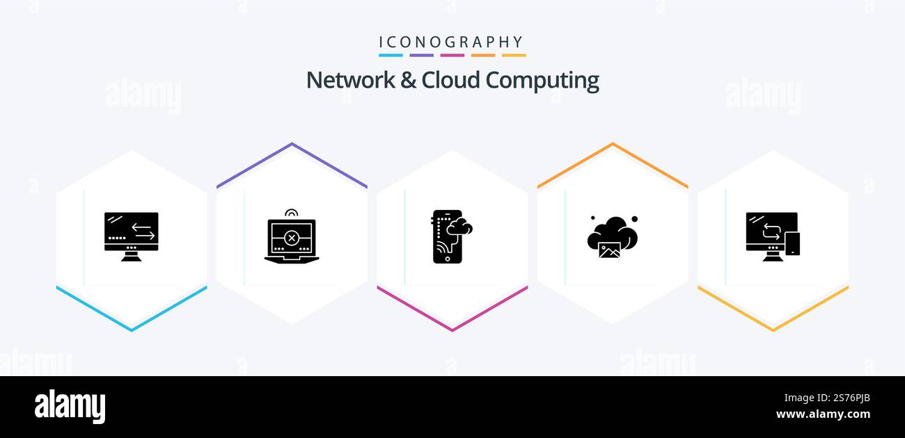 Network And Cloud Computing 25 Glyph icon pack including networking. computing. connection. technology. gallery Stock Vector