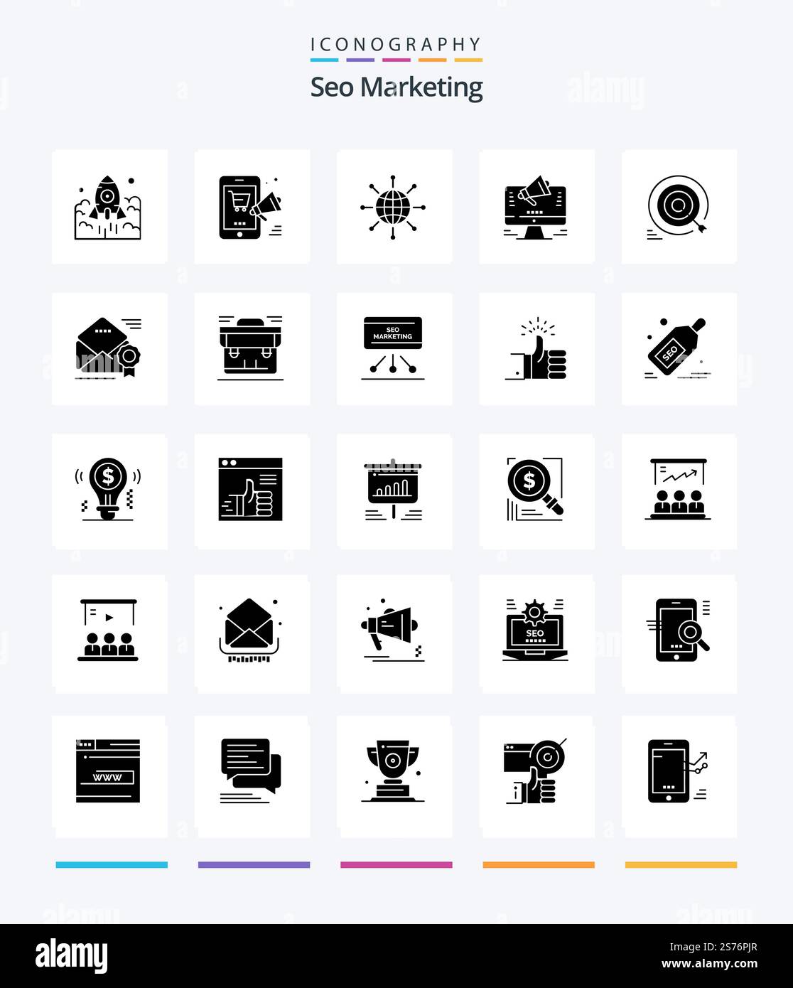 Creative Seo Marketing 25 Glyph Solid Black icon pack  Such As web. promotion. discount. web. world Stock Vector
