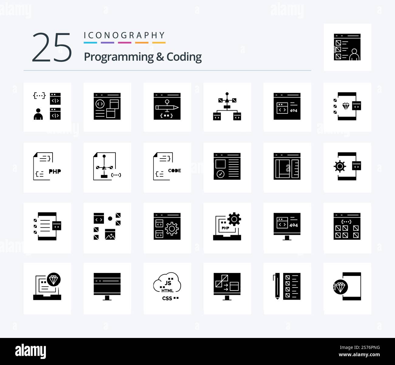 Programming And Coding 25 Solid Glyph icon pack including develop. browser. document. document. develop Stock Vector