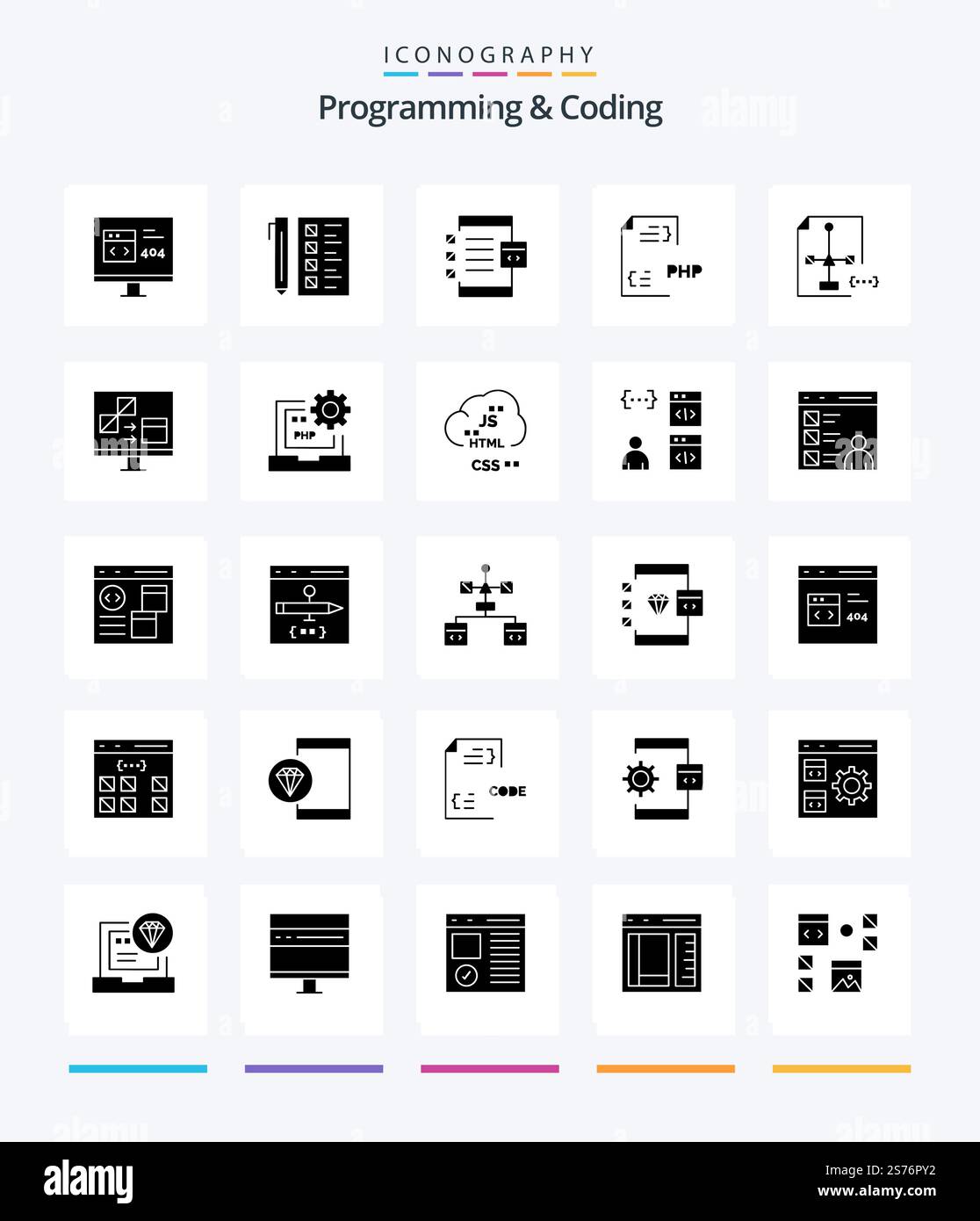 Creative Programming And Coding 25 Glyph Solid Black icon pack  Such As development. coding. development. device. develop Stock Vector