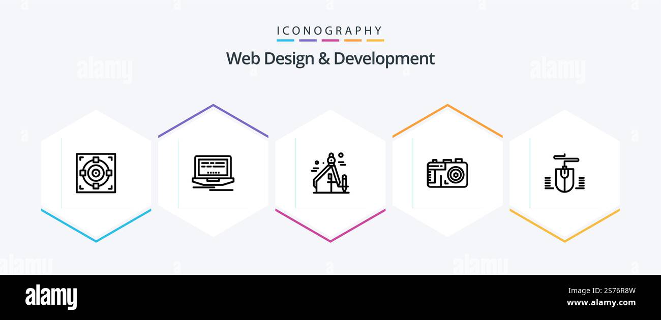 Web Design And Development 25 Line icon pack including . design . design. camera . graphic Stock Vector
