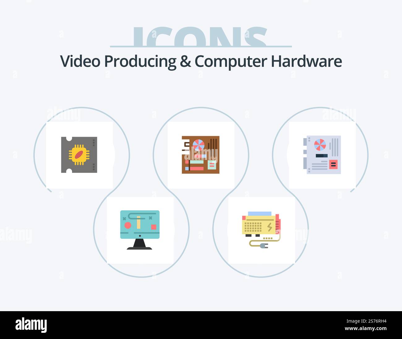 Video Producing And Computer Hardware Flat Icon Pack 5 Icon Design. mother. main. source. computer. processor chip Stock Vector