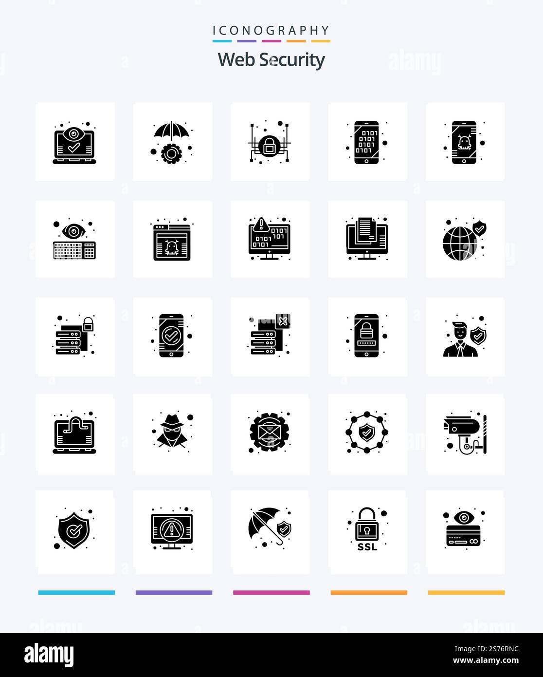 Creative Web Security 25 Glyph Solid Black icon pack  Such As error. search. development. mobile. binary Stock Vector