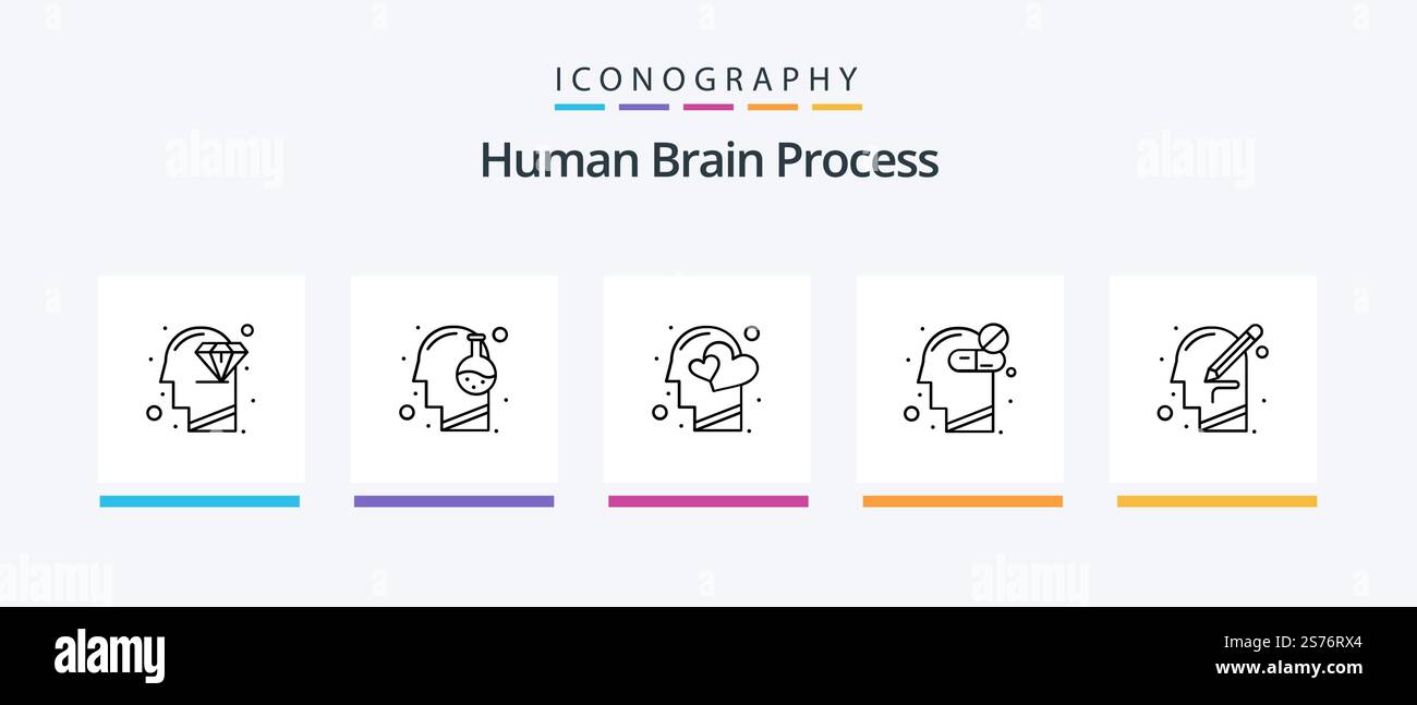 Human Brain Process Line 5 Icon Pack Including head. eye view. medicine ...