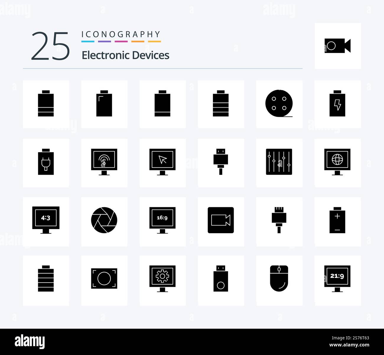 Devices 25 Solid Glyph icon pack including music. devices. smart. controls. storage Stock Vector
