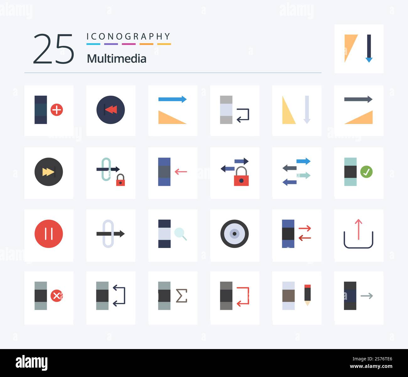 Multimedia 25 Flat Color icon pack including arrow. sort. descending. ascending. data Stock Vector