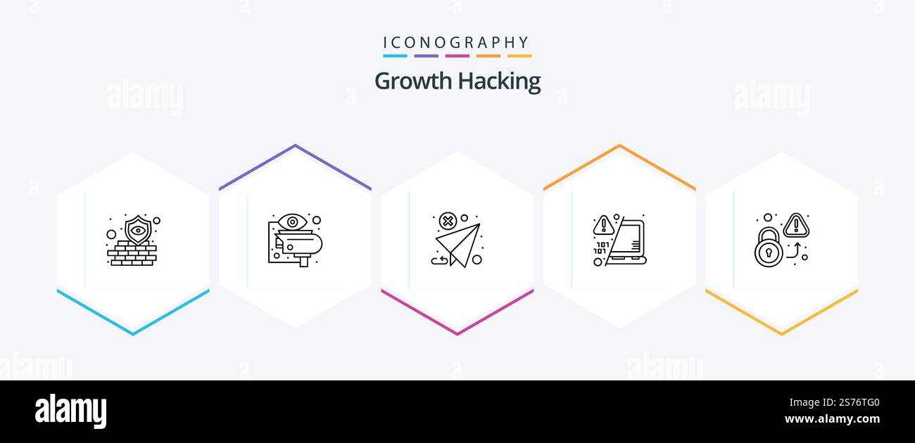 Hacking 25 Line icon pack including warn. laptop. view. decode. send Stock Vector