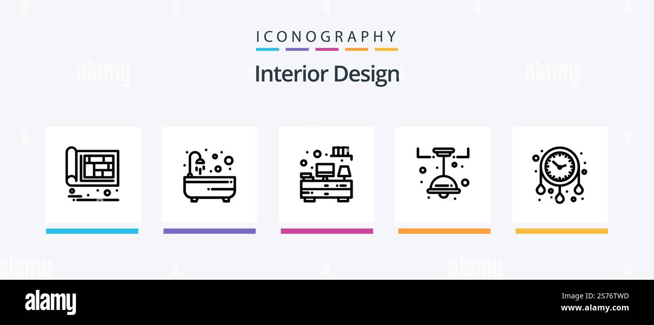 Interior Design Line 5 Icon Pack Including fish. sofa. clock. lamp ...