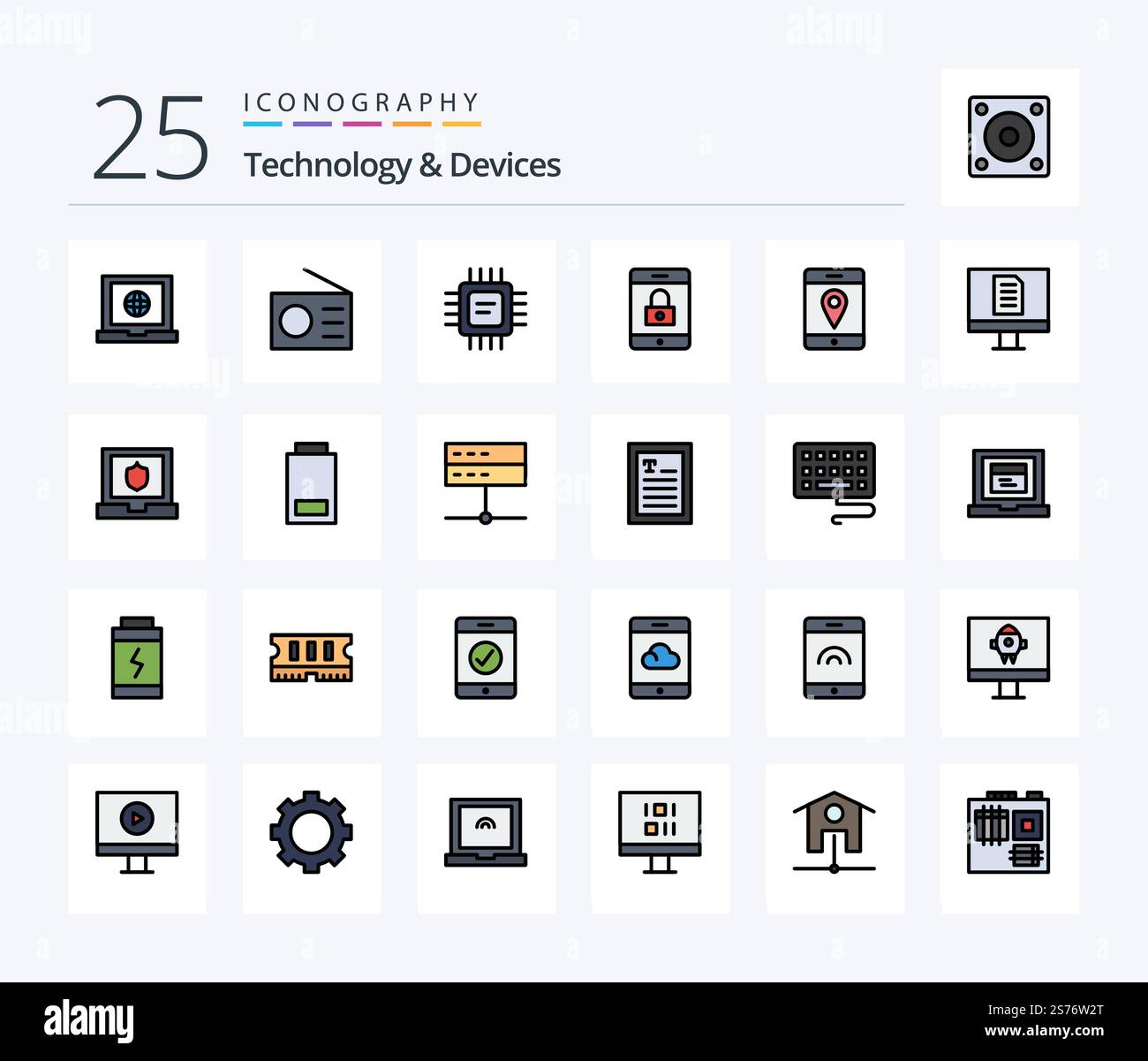 Devices 25 Line Filled icon pack including computer. maps. cpu. location. lock Stock Vector