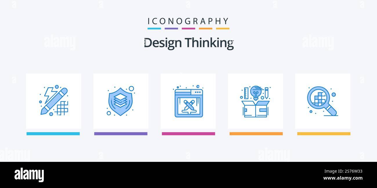 Design Thinking Blue 5 Icon Pack Including thinking. design. thinking. creative. work. Creative Icons Design Stock Vector