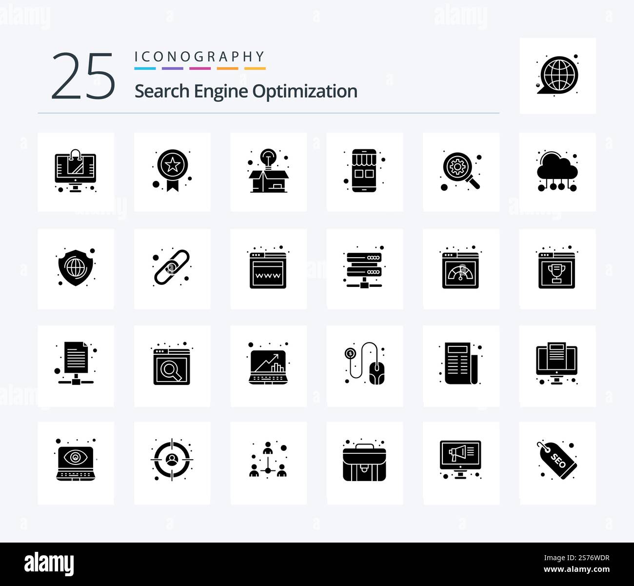 Seo 25 Solid Glyph icon pack including search. gear. idea. online store. ecommerce Stock Vector