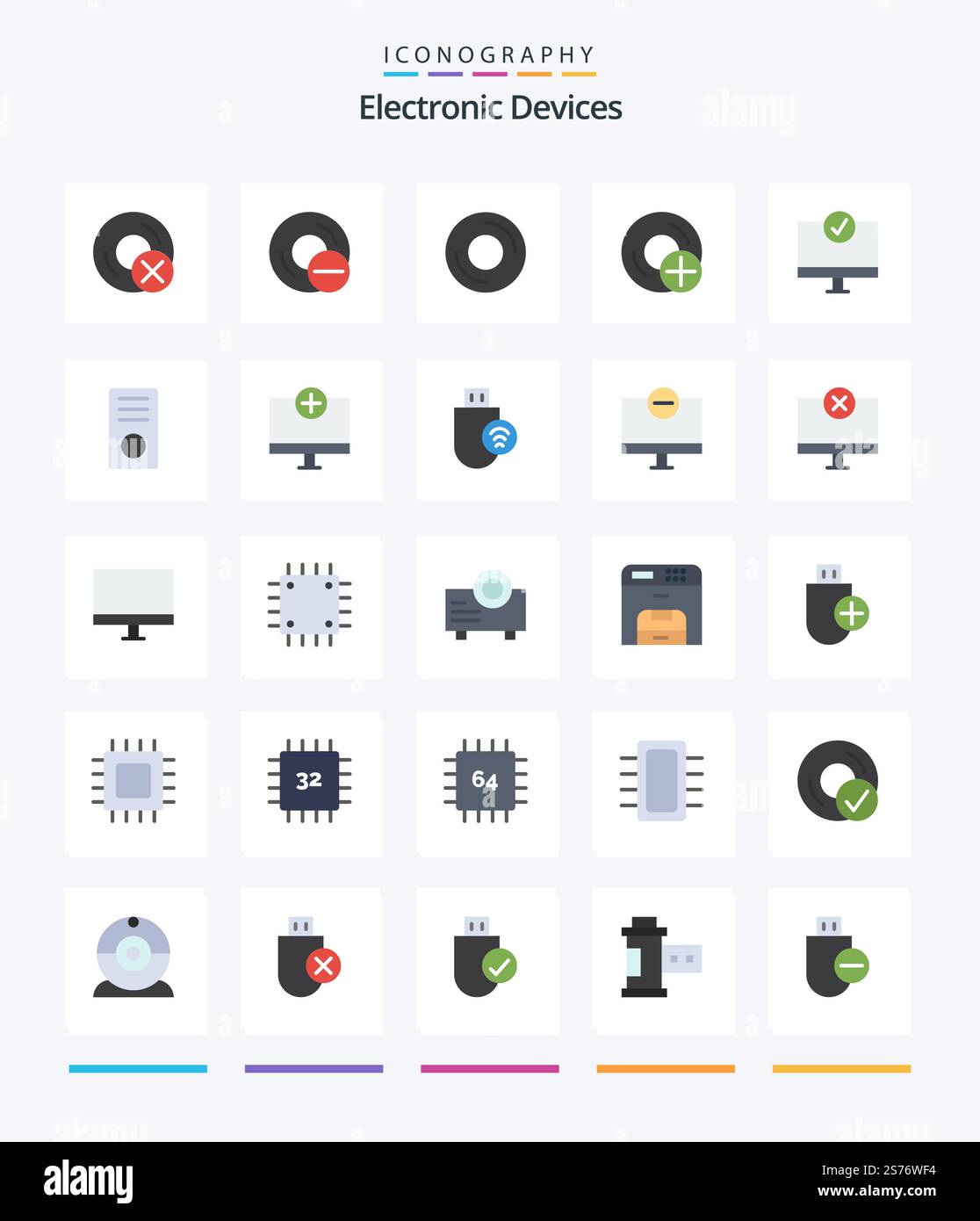 Creative Devices 25 Flat icon pack  Such As devices. computers. disc. hardware. devices Stock Vector