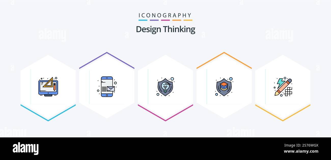 Design Thinking 25 FilledLine icon pack including shield. design. send. brain. shield Stock Vector