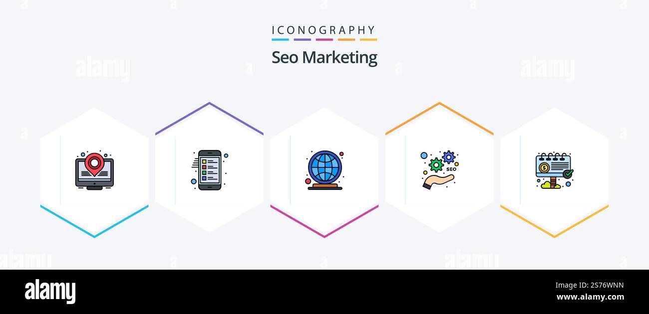 Seo Marketing 25 FilledLine icon pack including ad. advertisement. globe. optimize. marketing Stock Vector
