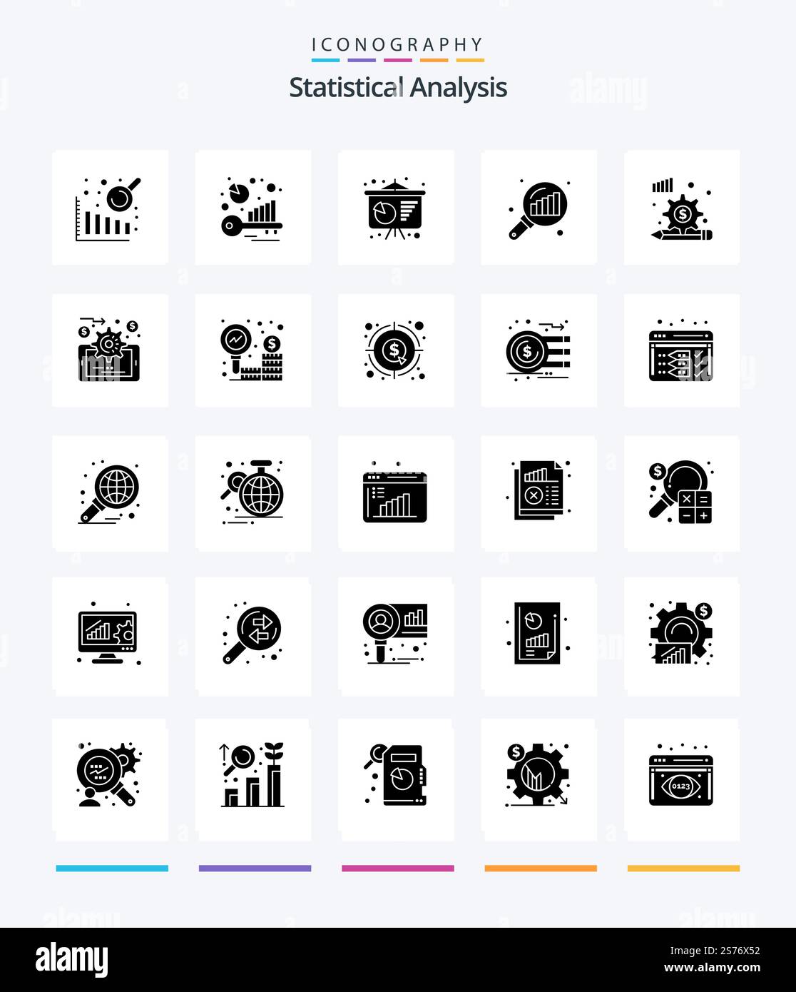 Creative Statistical Analysis 25 Glyph Solid Black icon pack  Such As analytics. finance. poster presentation. diagram. search stats Stock Vector