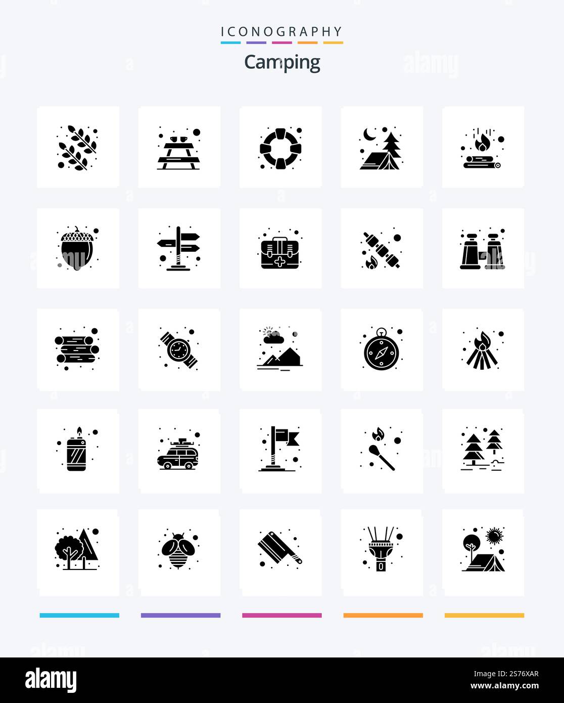 Creative Camping 25 Glyph Solid Black icon pack  Such As hazelnut. flame. support. fire. campfire Stock Vector